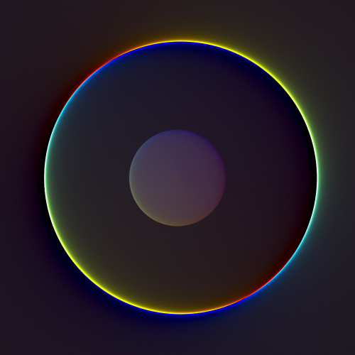 Close-up of a glowing colorful circle with vibrant hues radiating outward, around a smaller inner circle.