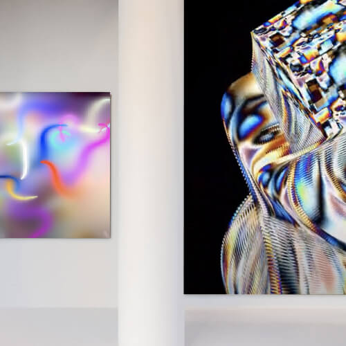 White gallery space showcasing the artist's work on large LED screens.