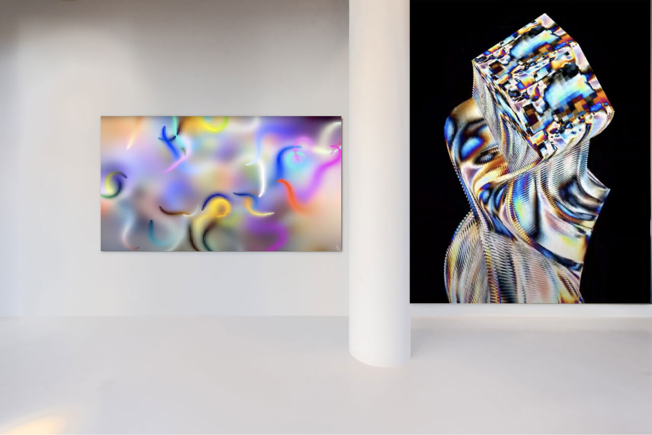 A pristine, white gallery space showcasing the artist's work on large LED screens, with the artwork displayed in a modern and minimalist environment.