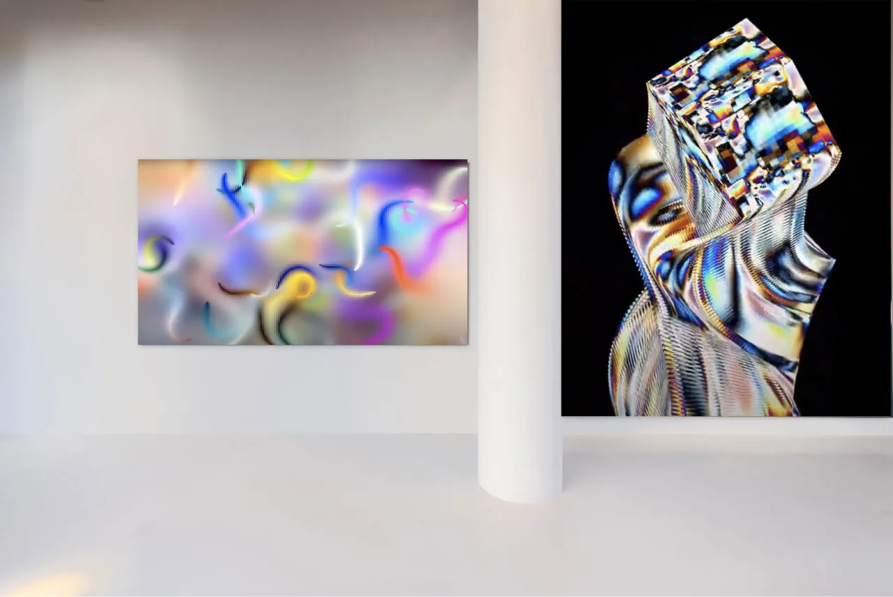 A pristine, white gallery space showcasing the artist's work on large LED screens, with the artwork displayed in a modern and minimalist environment.